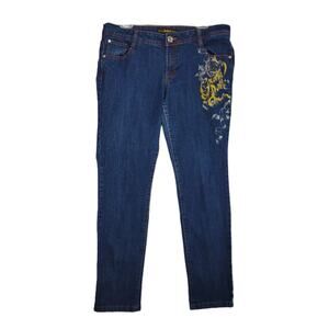 Vtg Y2K SOUTHPOLE Sz 15 Embroidered Gold Rose Dark Denim Tapered Jeans 34x30.5"